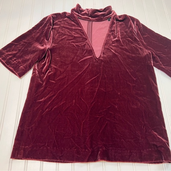 Theory x Revolve Slit Collar Deep V Neck Velvet Burgundy Luxe Top Medium 612 - Picture 2 of 5